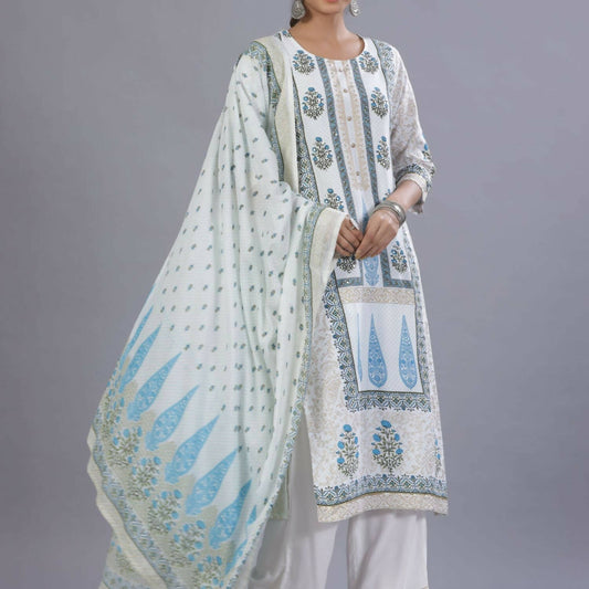 Juniper Women Blue Rayon Printed Kurta, Pants and Dupatta Set