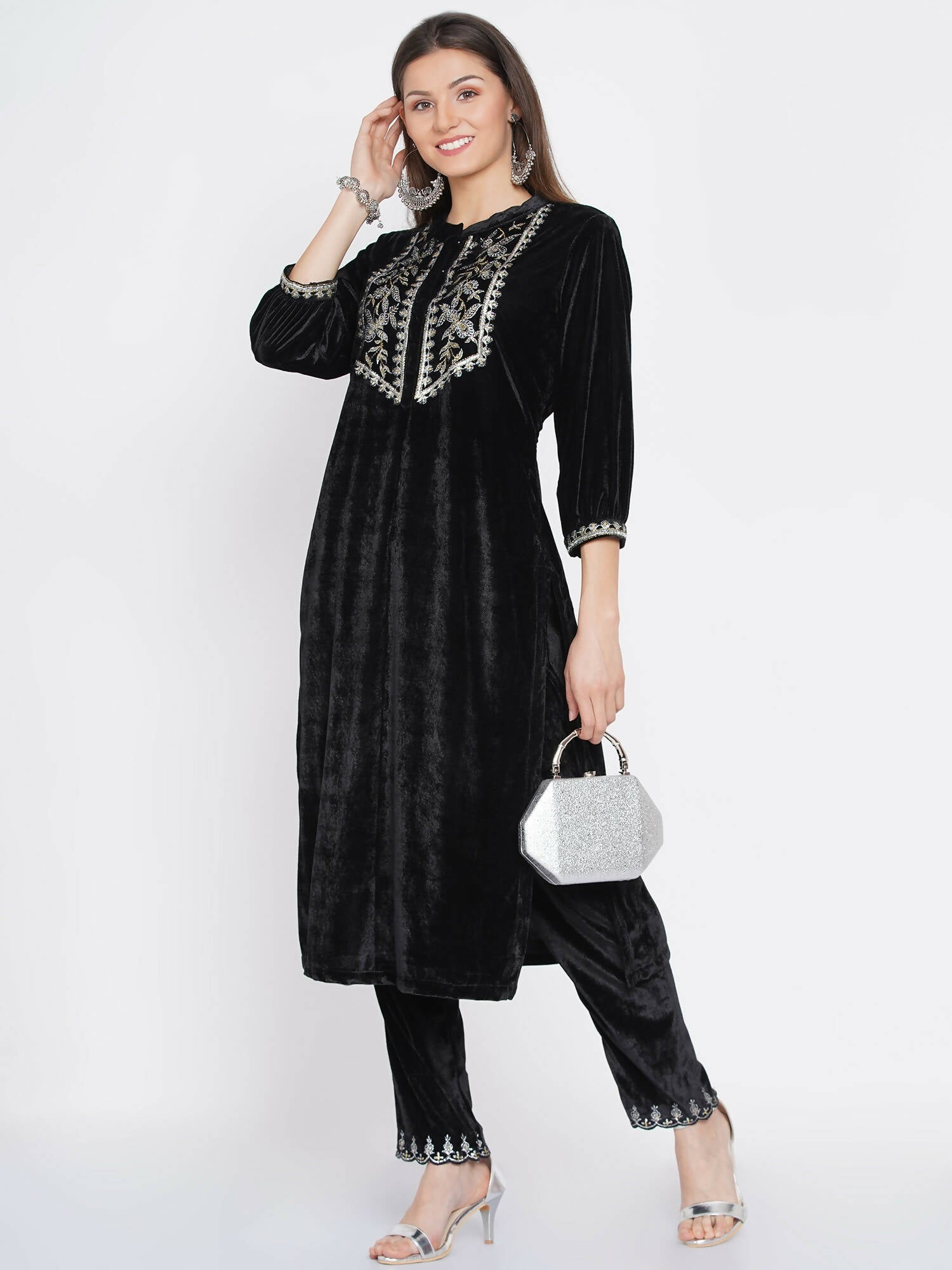 Women Republic Black Velvet Embroidered Kurta With Pants - Grab2buy