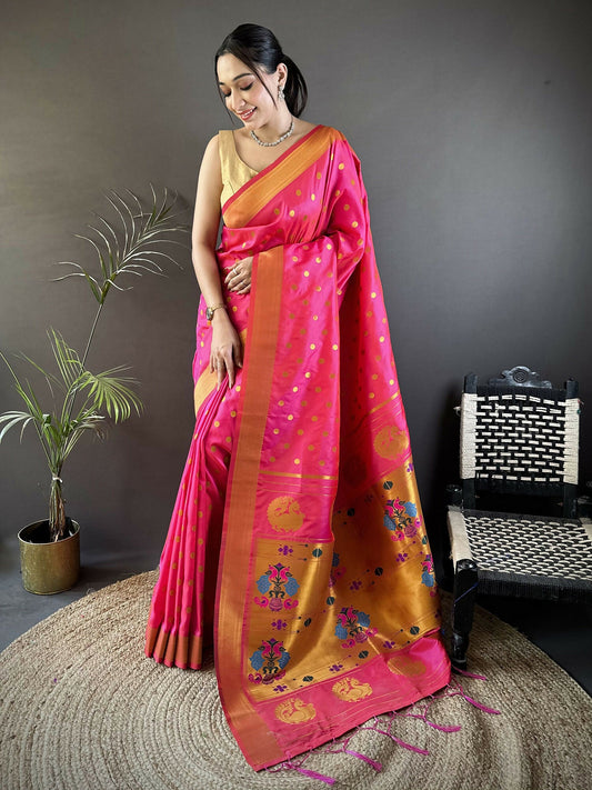 Joban Fashion Hot Pink Polka Dot Lichi Silk Paithani Silk Saree