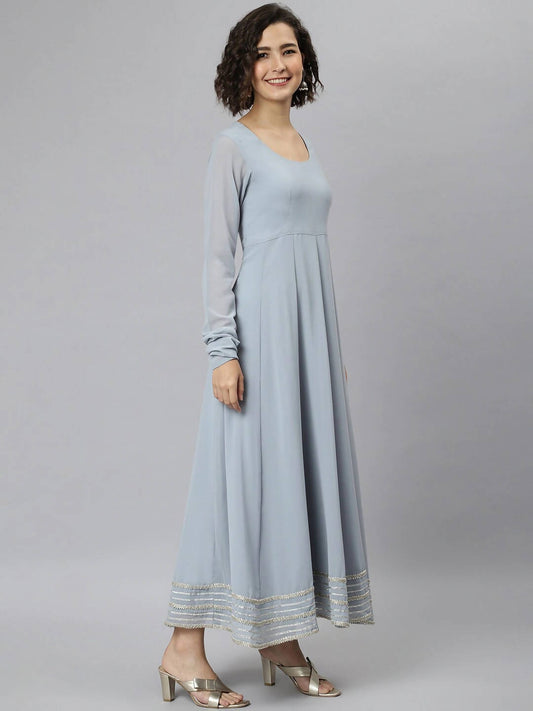 Janasya Women Grey Flared Sleeves Gotta Patti Georgette Anarkali Kurta