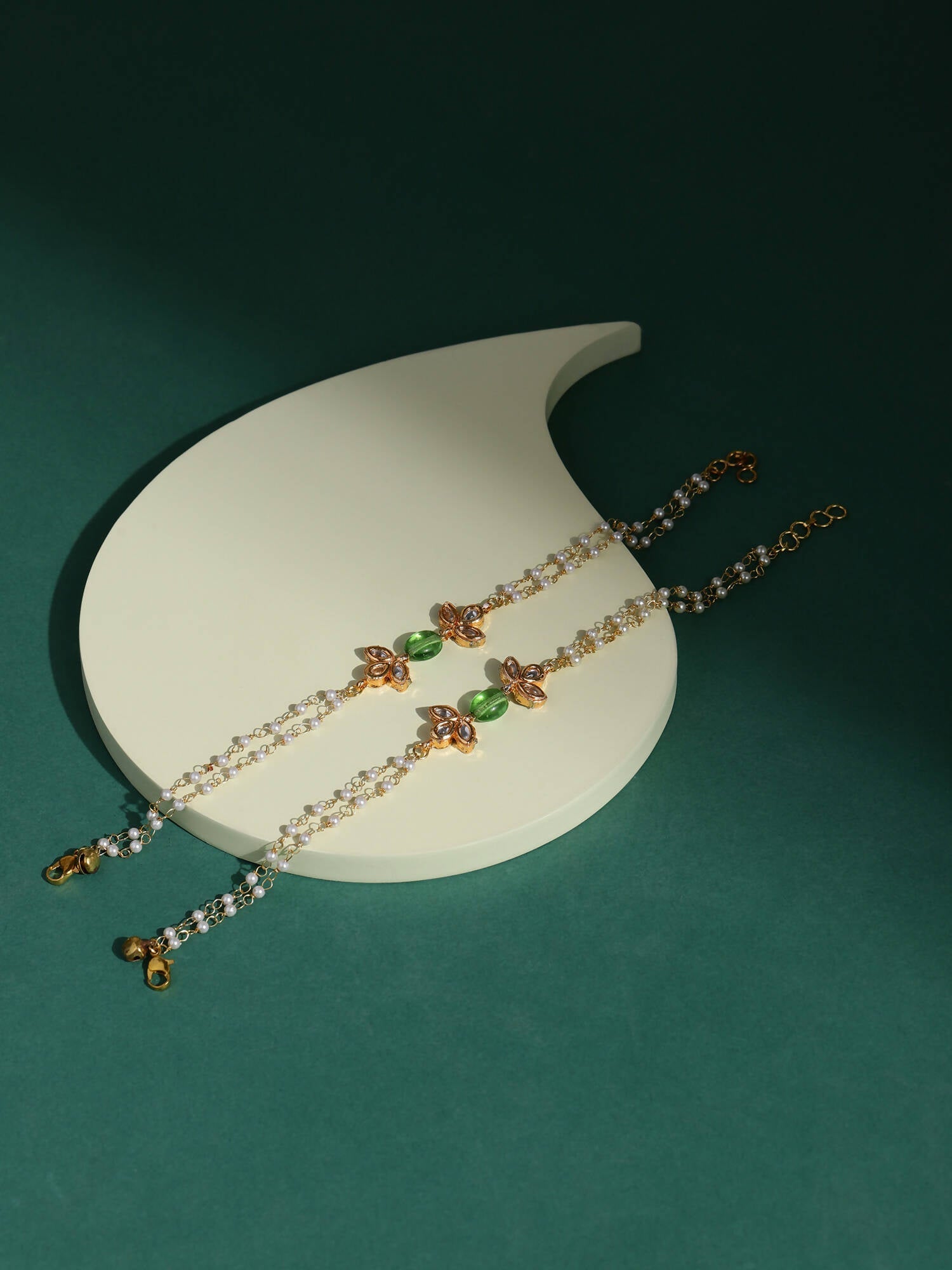 Gold Plated Green White Kundan Beads Anklet Set Of 2 - Ruby Raang - Grab2buy