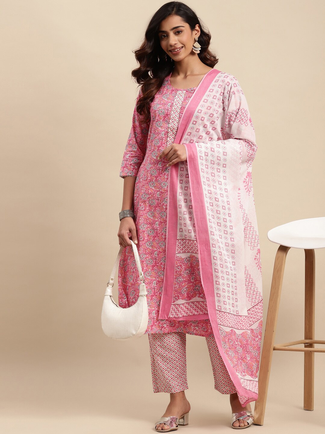 Sangria Floral Printed Gotta Patti Pure-Cotton A-Line Kurta With Trouser & Dupatta - Grab2buy
