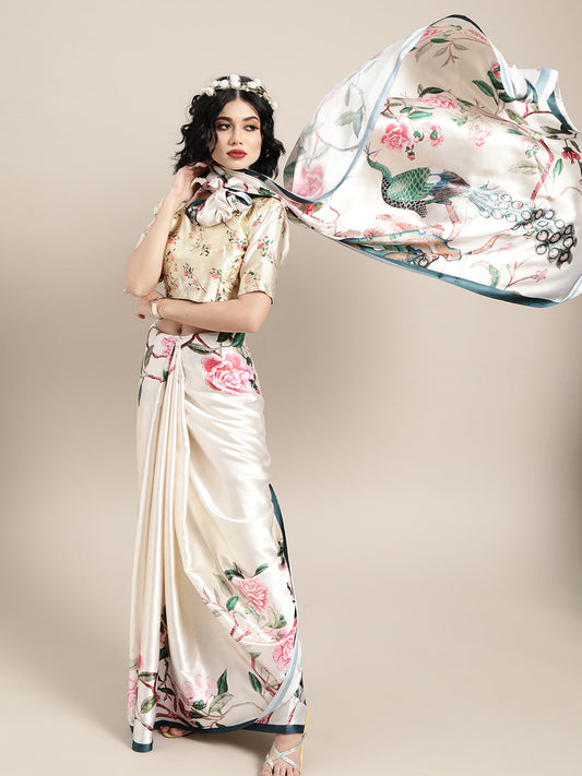 Saree Mall Cream-Coloured & Pink Satin Floral Block Print Saree