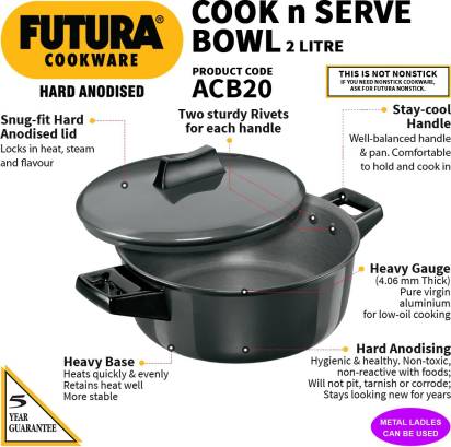 Hawkins Futura Hard Anodised Cook-n-Serve Bowl Handi 2 L with Lid (ACB20) - Grab2buy