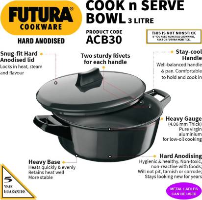 Hawkins Futura Hard Anodised Cook n Serve Bowl Handi 3 L with Lid (ACB30) - Grab2buy