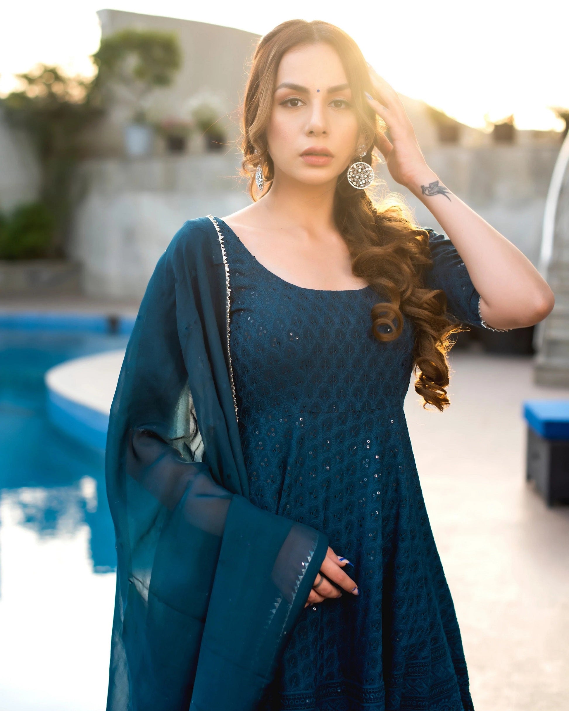Malishka Women's Blue Embroidered Cotton Kurta Sharara Set With Dupatta - Blue - Grab2buy