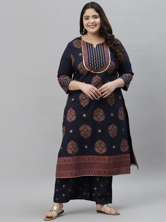 Sztori Plus Size Floral Printed Round Neck Straight Kurta with Palazzos