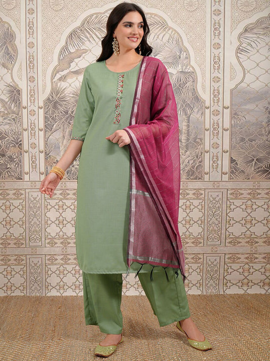 Vishudh Green Embroidered Thread Work Kurta with Trouser & Dupatta | Grab2Buy