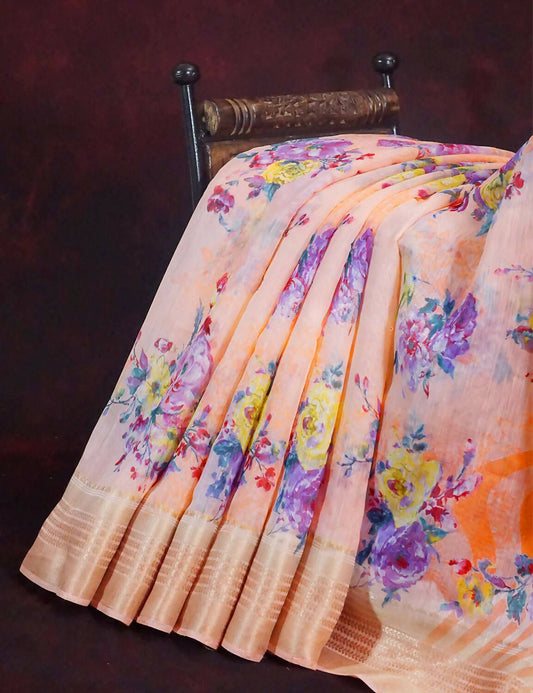 Vibrant Combination of Baby Peach and Orange with Floral Design Semi Chanderi Grab2Buy By Gayathri Reddy Designer Studio