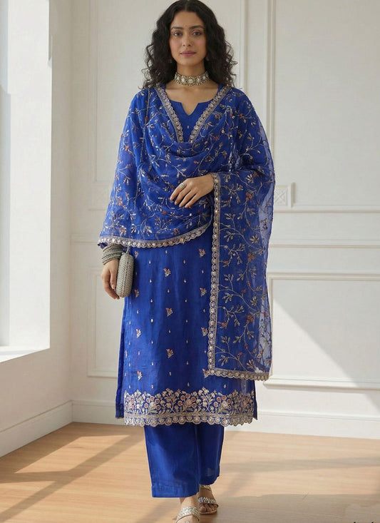 Vegaa Fashion Blue Shimmer Organza Embroidered Party Wear Suit Grab2Buy Vegaa Fashion Grab2Buy