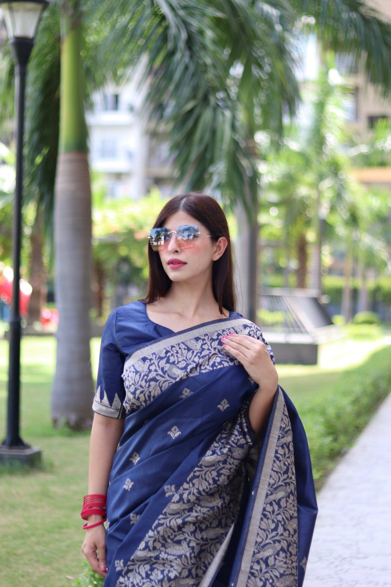 Aastha Fashion Navy Blue Woven Handloom Raw Silk Saree with Blouse - Grab2buy