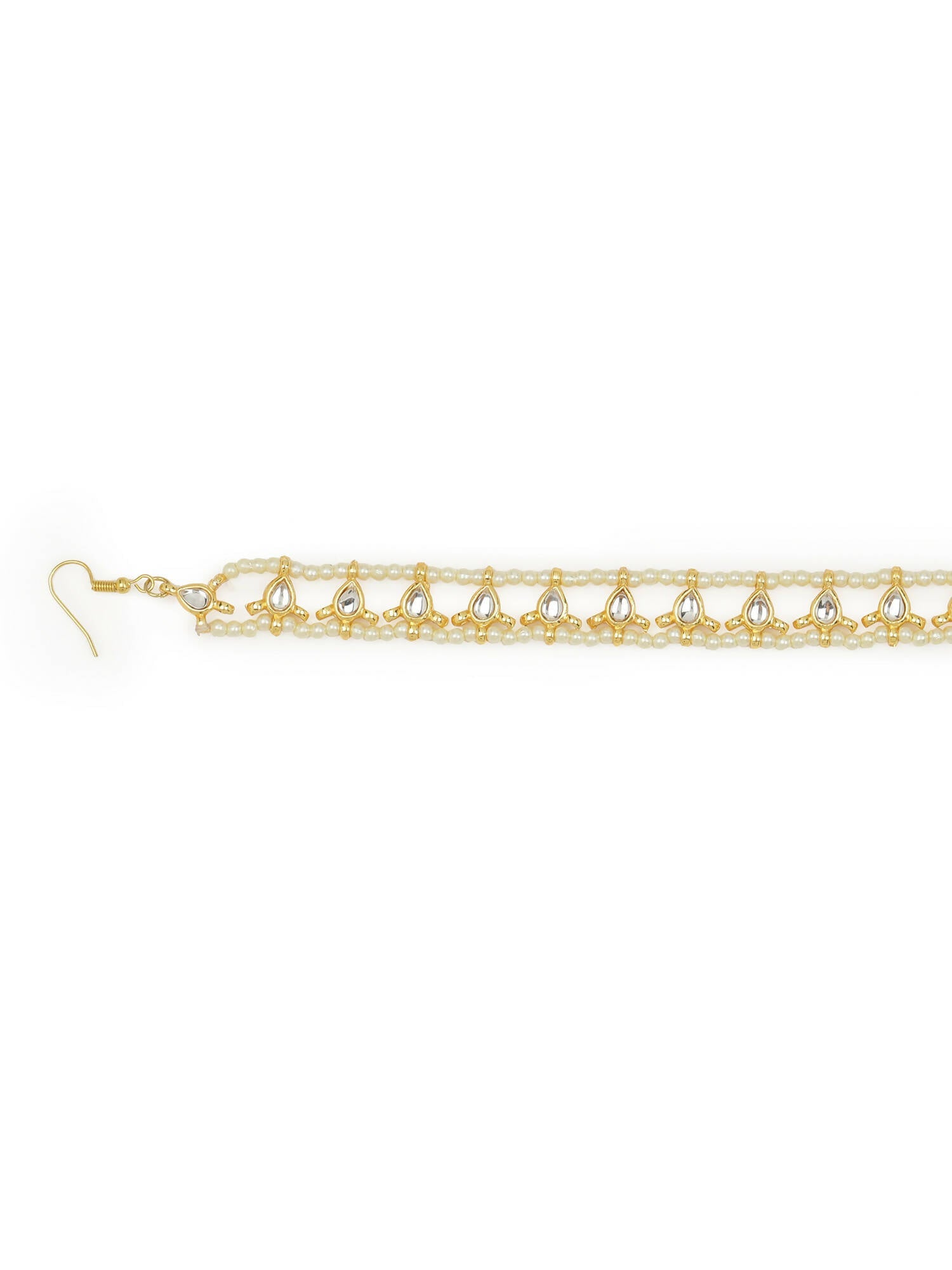Gold-Plated White Kundan-Studded Pearl Beaded Hair Band - Ruby Raang - Grab2buy