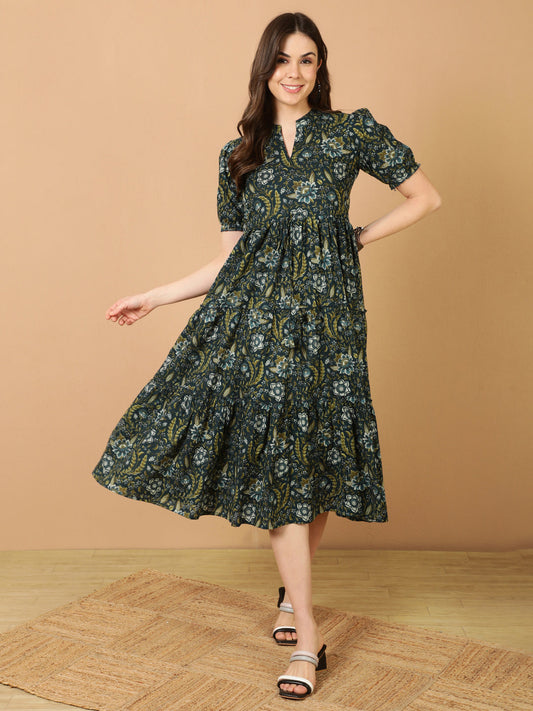 Antaran Blue Pure Cotton Tiered Printed Dress