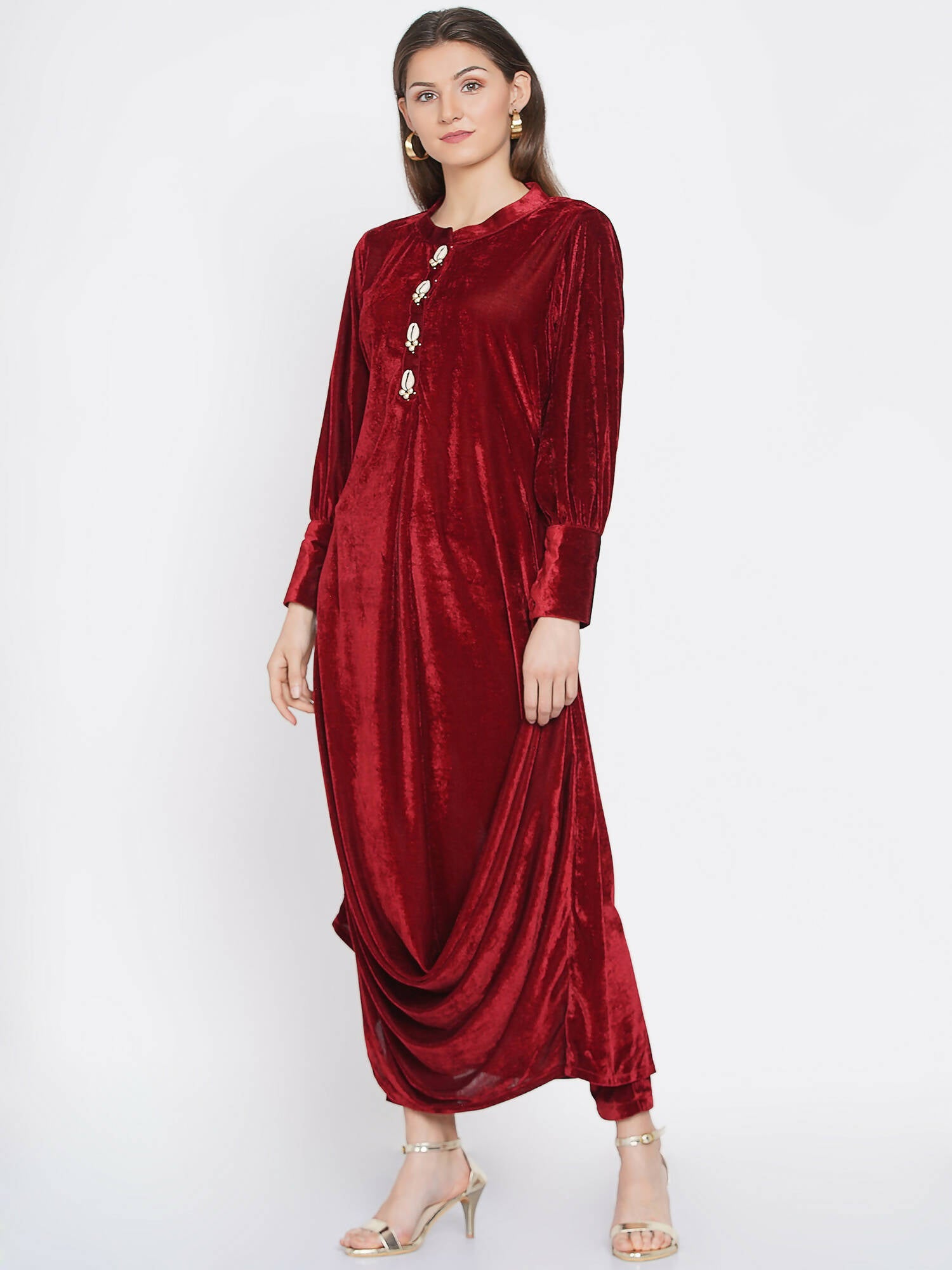 Women Republic Maroon Velvet Cowl Style Kurta With Pants - Grab2buy