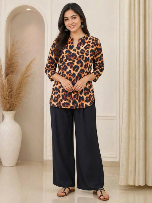 Teeya Creation Women New Latest Animal Print Crepe Top with Palazzo Set