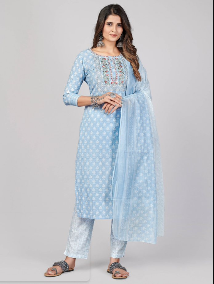 NOZ2TOZ Women's Printed & Embroidered Straight Cotton Sky Blue Stitched Kurta Pant With Dupatta (3Pcs Set) - Grab2buy