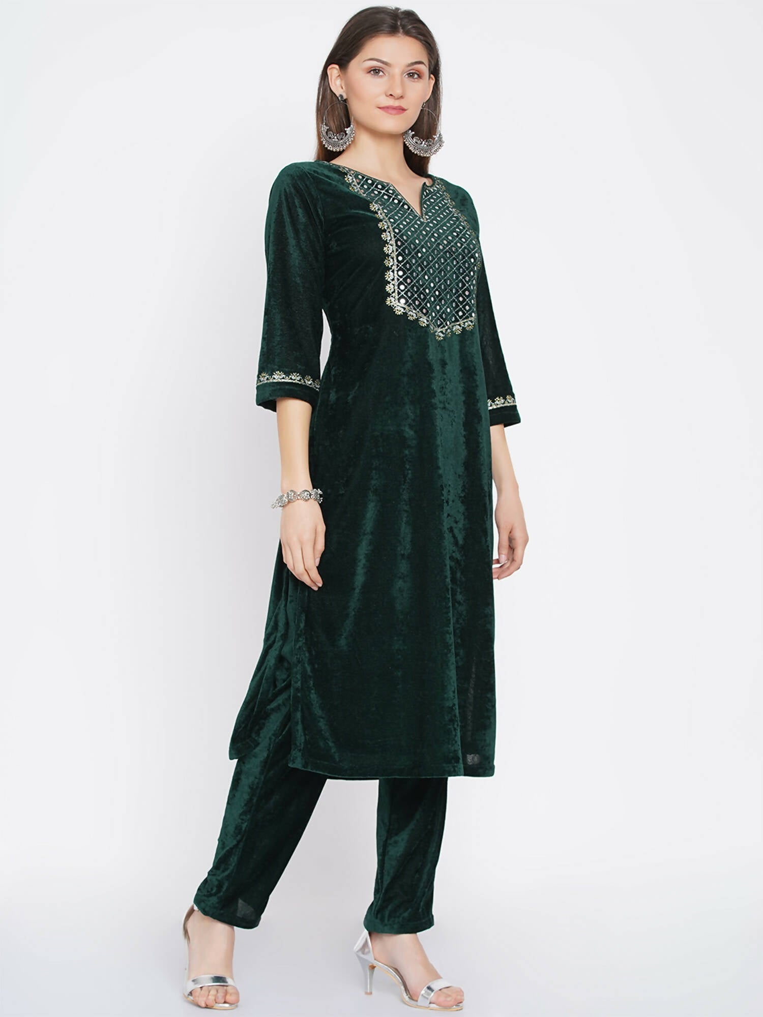 Women Republic Green Velvet Embroidered Kurta With Pant - Grab2buy