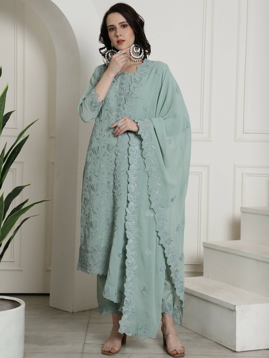 Aastha Fashion Women's Green Georgette Floral Resham Thread with Cording & Crystal work Kurta with Trouser & Dupatta - Grab2buy