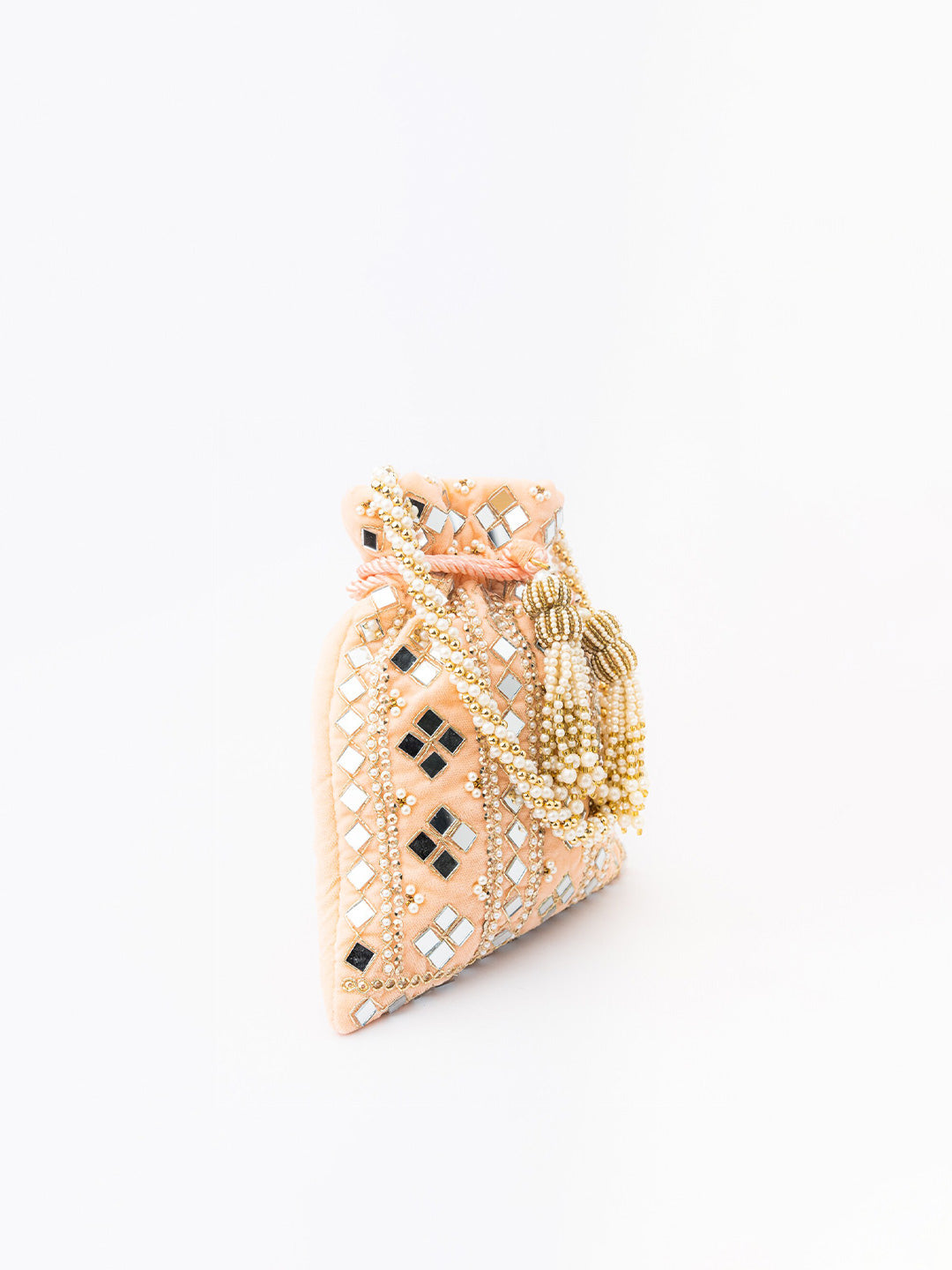NR By Nidhi Rathi Peach-Coloured & White Embroidered Potli Clutch - Grab2buy