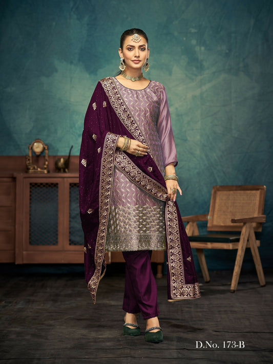 Anaita Light Purple Premium Embroidered with servos waki diamond Vichitra Silk Stitched Salwar Suit