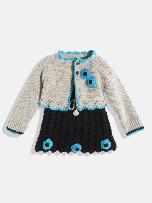 Chutput Kids Woollen Hand Knitted Full Sleeves Cardigan With Short Sleeves Flower Work Dress For Baby Girls - Grey