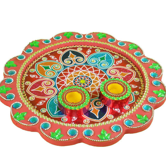 Kundan HandiKrafts Mdf Flower Pooja Thali - Red