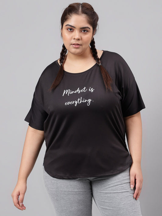 MKH Plus Size Typography Printed Dri-FIT Relaxed Fit Drop-Shoulder Sleeves Gym T-shirt