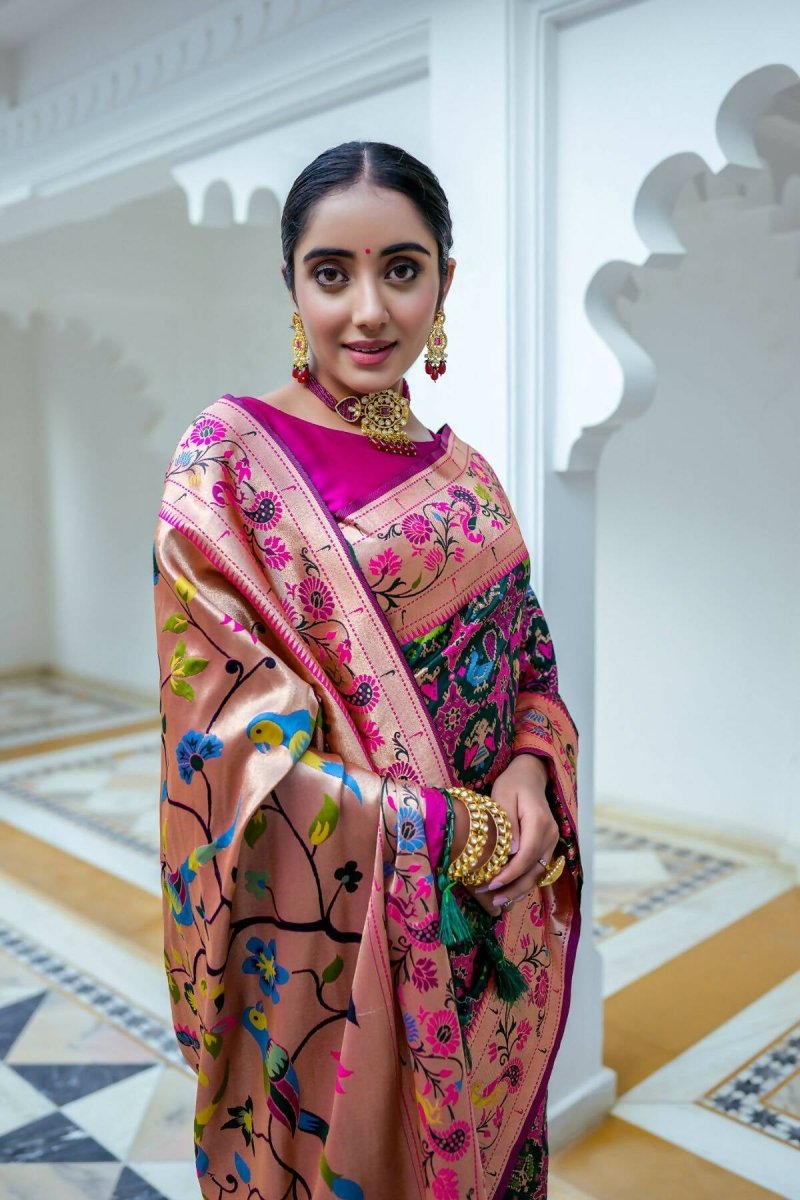 Aastha Fashion Bottle Green Woven Paithani Silk Saree with Blouse - Grab2buy