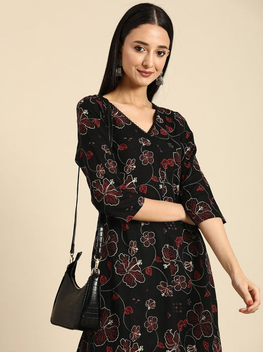 Anouk Women Floral Printed V Neck A-Line Kurta With Lace Detailing | Grab2Buy