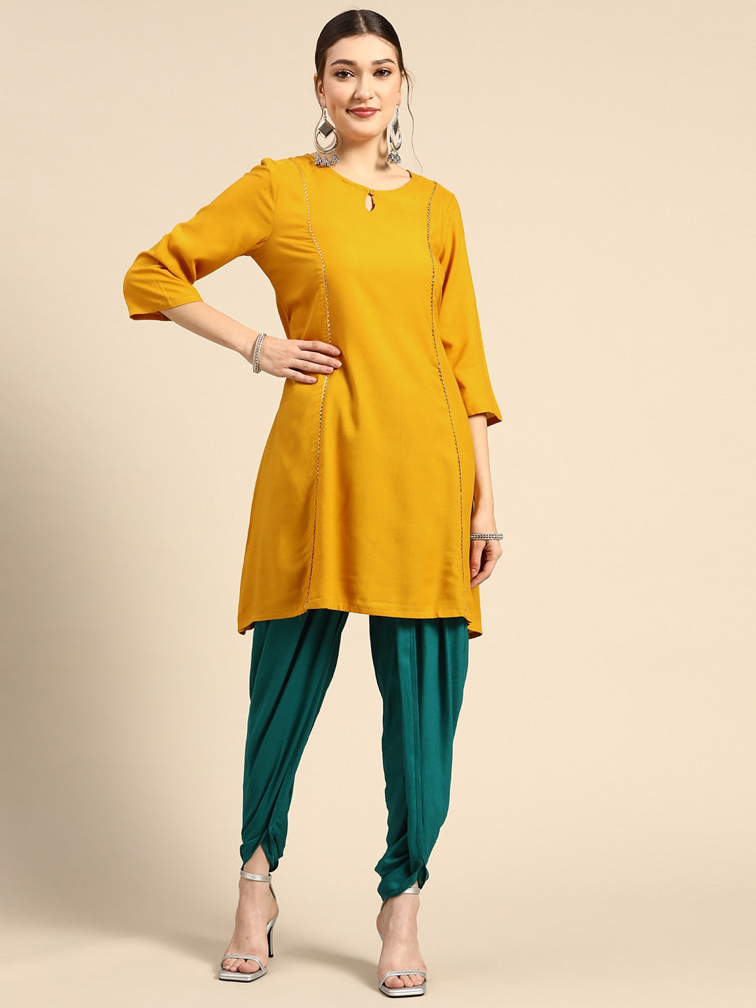 Sangria Women Mustard Yellow & Green Kurta with Dhoti Pants - Grab2buy