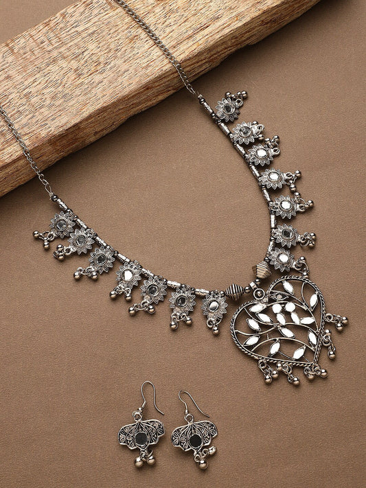 Cardinal Women Silver-Toned Oxidised Stone Studded & Beaded Heart Shaped Jewellery Set - Grab2buy