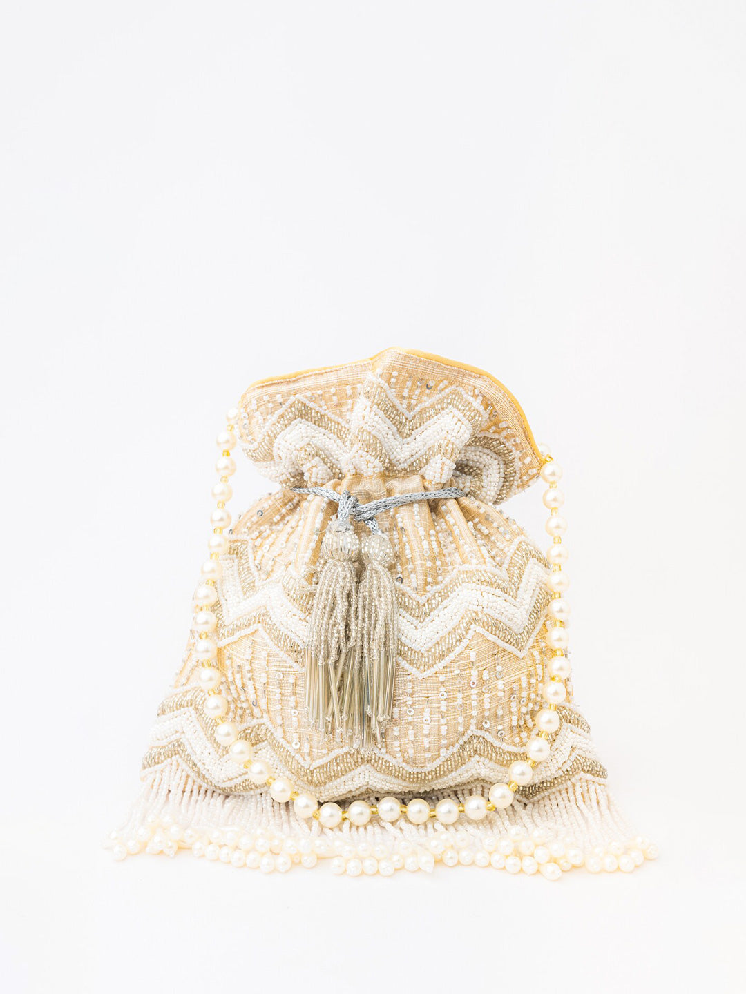 NR By Nidhi Rathi Cream-Coloured & Gold-Toned Embellished Potli Clutch - Grab2buy