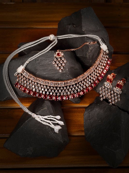 Saraf RS Jewellery Rose Gold-Plated & Red AD & CZ-Studded Contemporary Jewellery Set - Grab2buy