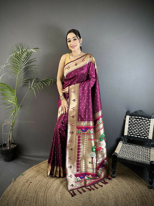 Joban Fashion Wine Peacock & Floral Motifs Soft Lichi Silk Kanchipuram Saree