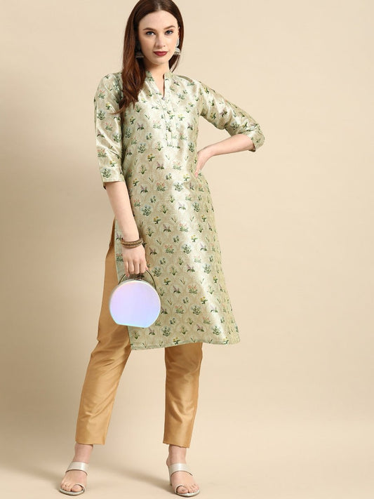 All About You Women Sea Green Floral Block Print Mandarin Collar Chanderi Silk Blend Kurta