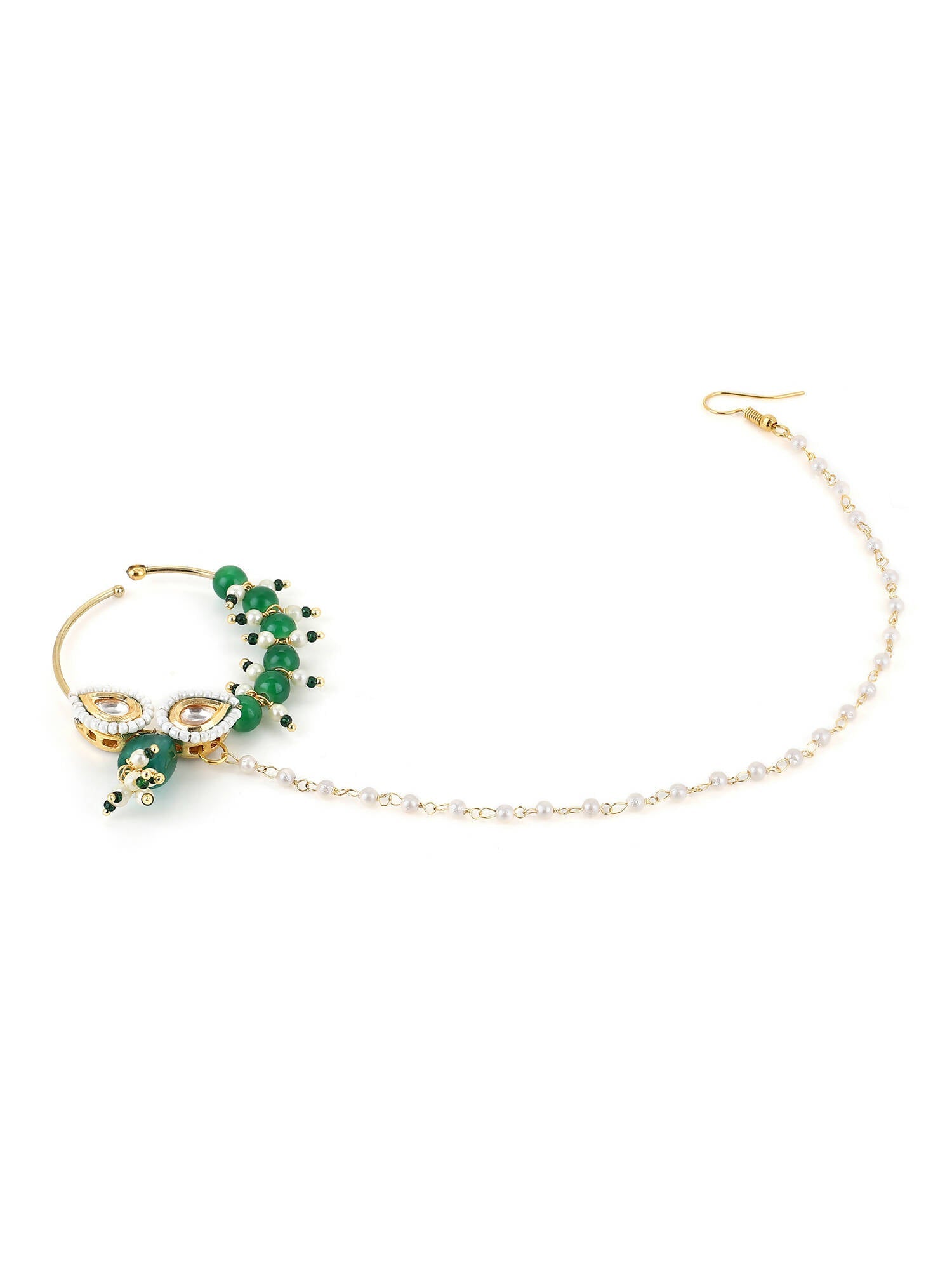 Gold Plated White Green Kundan Studded Beaded Chain Nose Pin - Ruby Raang - Grab2buy