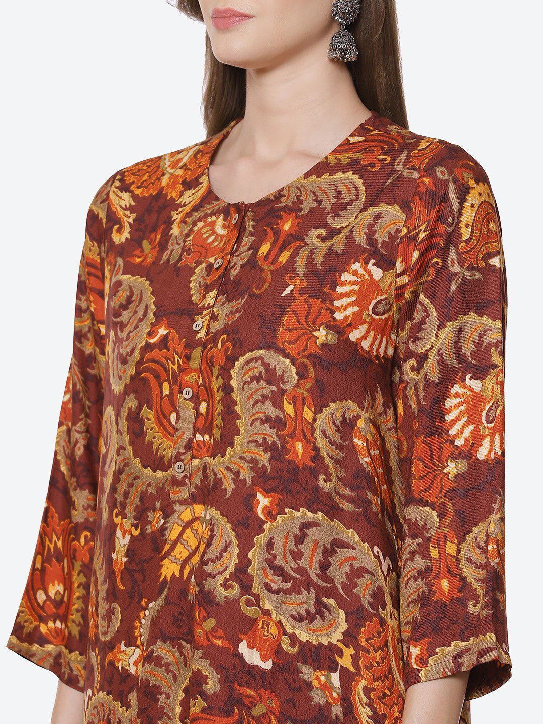 Biba Women Brown Ethnic Motifs Printed Kurta with Trousers - Grab2buy