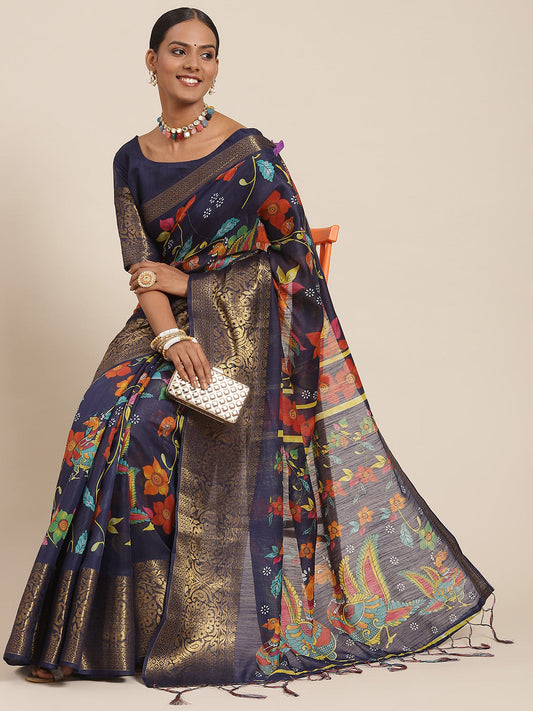 Saree Mall Navy Blue Kalamkari Saree