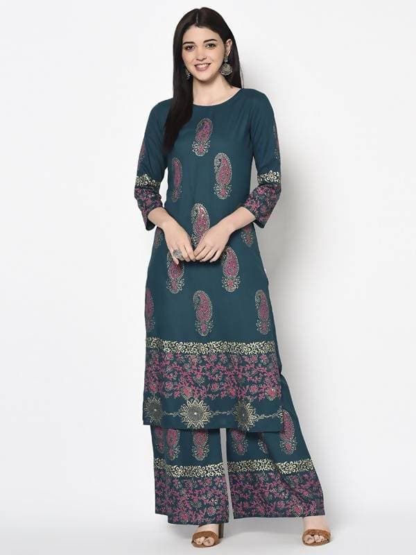 Aniyah Rayon Teal Blue Color Block Print Flared Slip-On Palazzo (AN-222K)