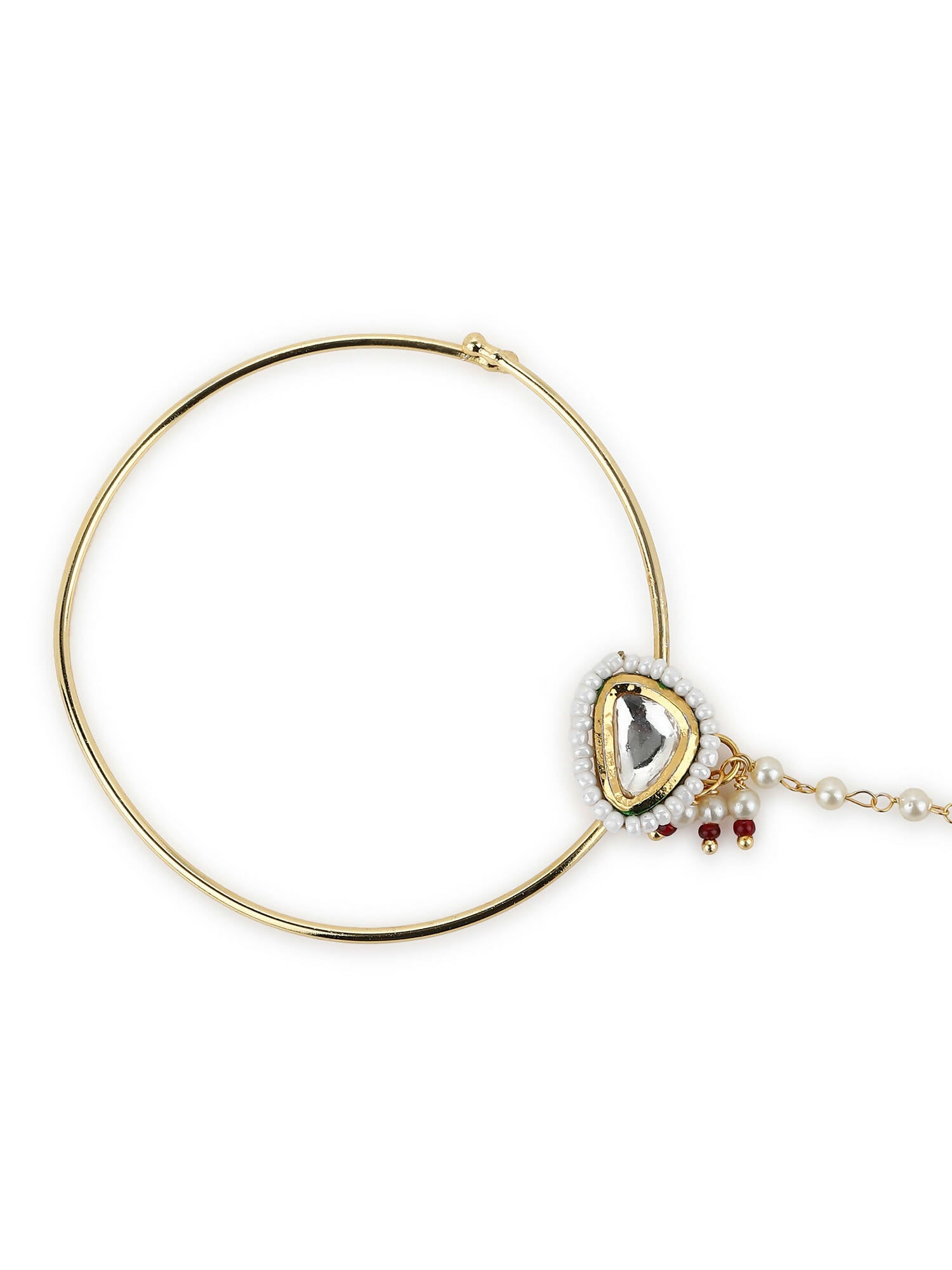 Gold Plated White Kundan Studded Nose Pin With Beaded Extension - Ruby Raang - Grab2buy