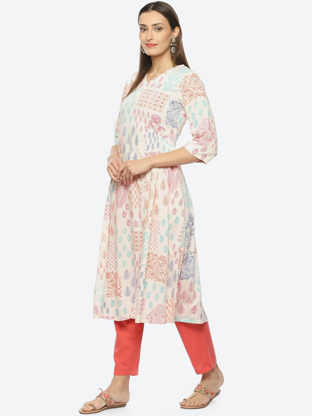 Biba Ethnic Motifs Printed V-Neck A-Line Kurta - Grab2buy
