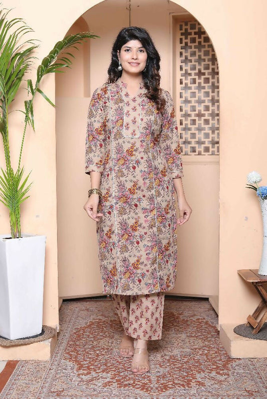 Miravan Womens Pure Cotton Straight Floral Printed Kurta With Palazzo-Multicolor