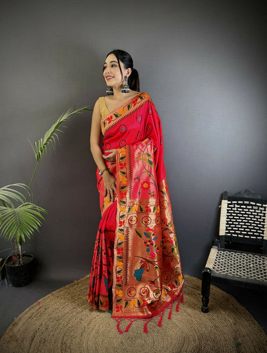 Joban Fashion Red Paithani Soft Silk Meenakari Saree