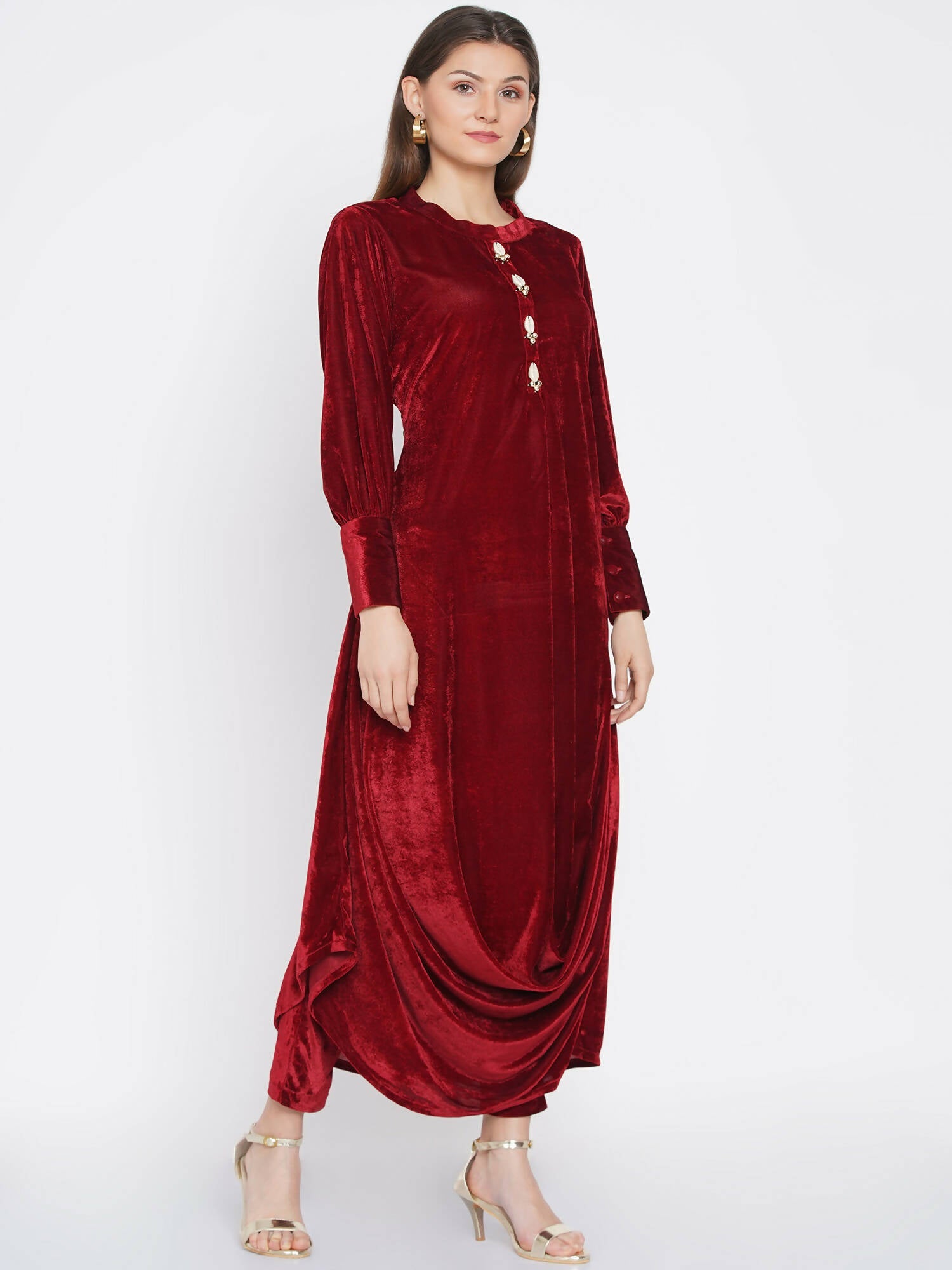 Women Republic Maroon Velvet Cowl Style Kurta With Pants - Grab2buy
