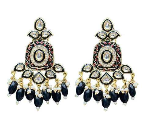 Gold-Toned Black Kundan Contemporary Drop Earrings for Women & Girls By House of Ree - Grab2buy
