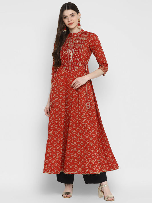 NOZ2TOZ Women's Embroidered & Printed Anarkali Cotton Red Kurta