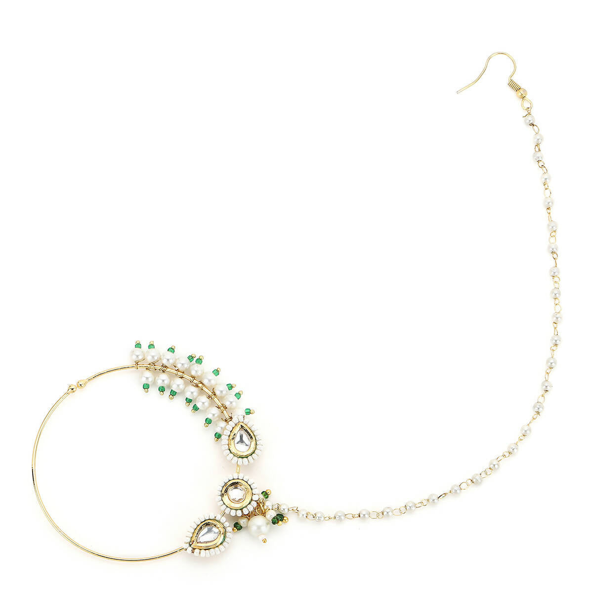 Gold-Plated White Kundan Studded Pearl Beaded Nose Pin - Ruby Raang - Grab2buy