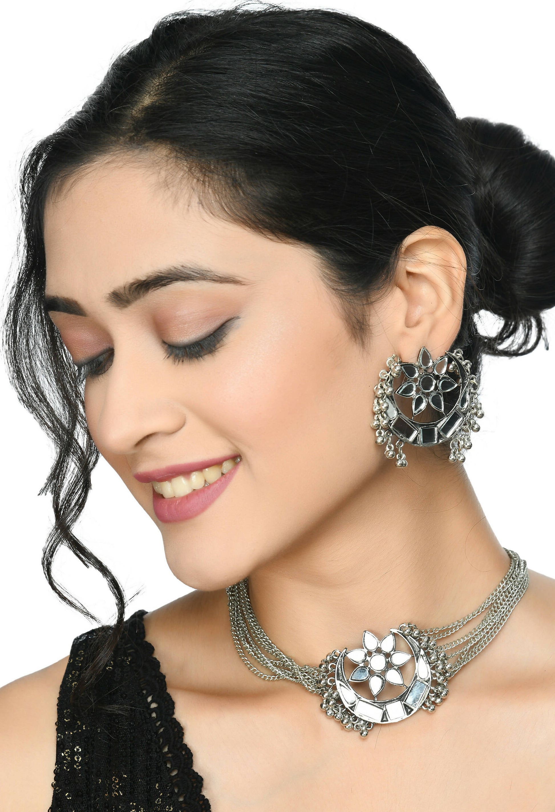 Mominos Fashion Johar Kamal Silver-Plated Brass Finish Mirror Work Choker For Women - Grab2buy