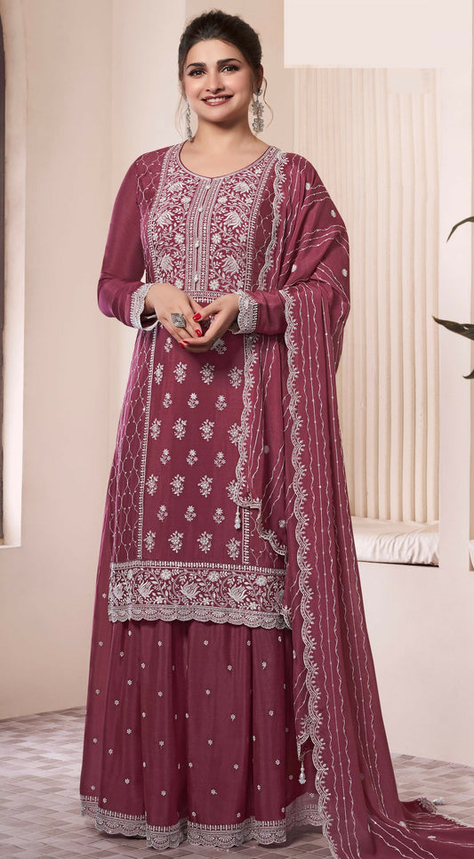 Anaita Maroon Embroidered Work Silk Stitched Sharara suit