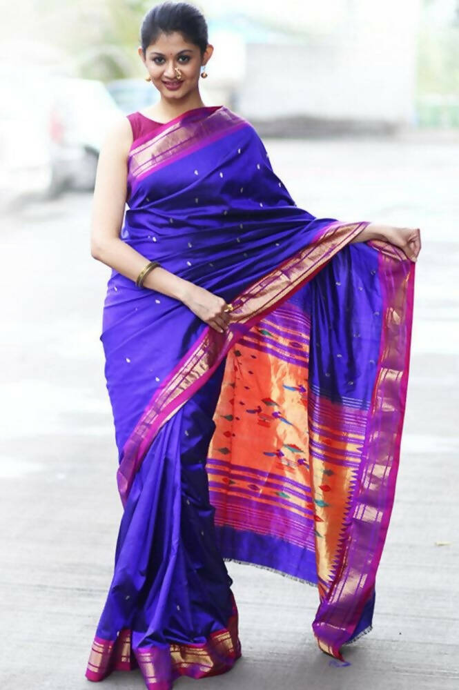 Very Much Indian Pure Silk Handloom Yeola Paithani - Traditional Double Pallu - Dark Blue With Purple Border - Grab2buy